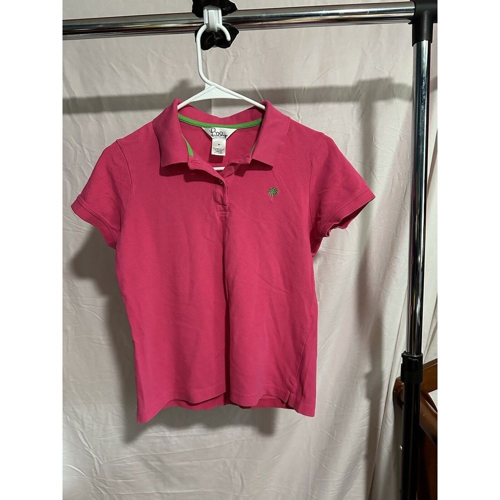 Lilly Pulitzer Polo Shirt‎ Women Pink Palm Tree Logo Stretch Cotton Size M